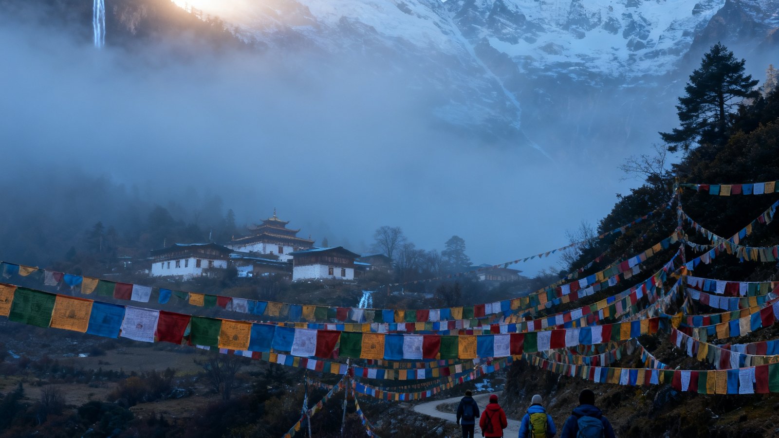 梅里雪山脚下的雨崩村在晨雾中若隐若现，徒步者沿着挂满经幡的山路走向神瀑方向