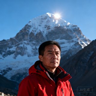 资深户外领队陈远山身穿红色冲锋衣站在雪山前，面容坚毅，眼神中透露出对户外运动的深厚热爱